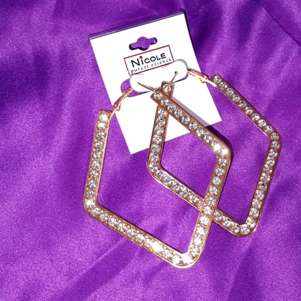 Statement Earrings - Gold-toned, rhinestone lined